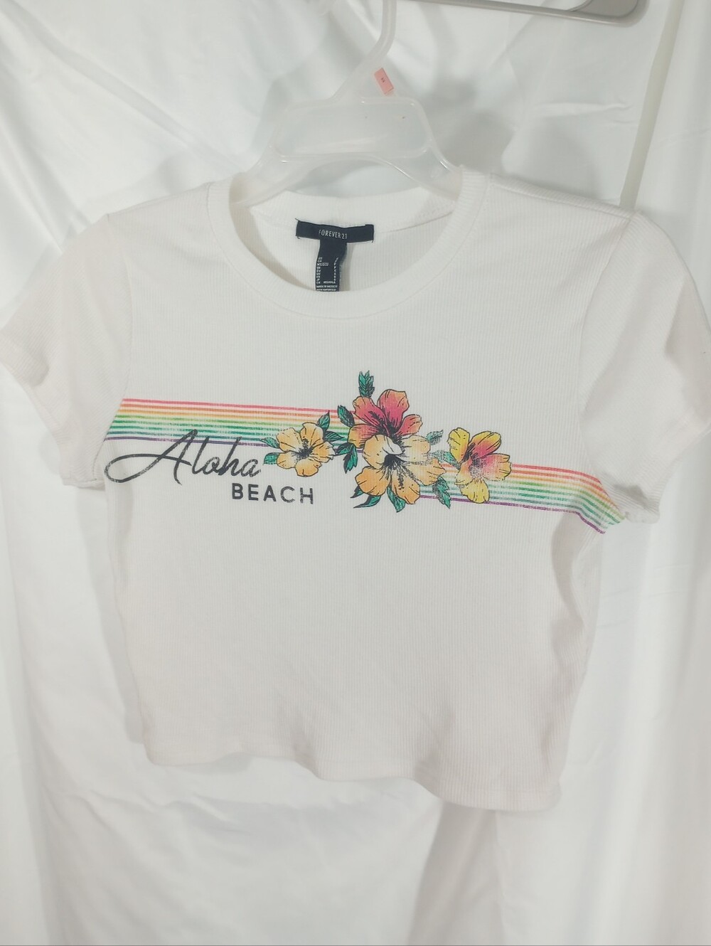 Vintage Y2K Forever 21 Baby Tee Crop Women's White Aloha Beach Rainbow